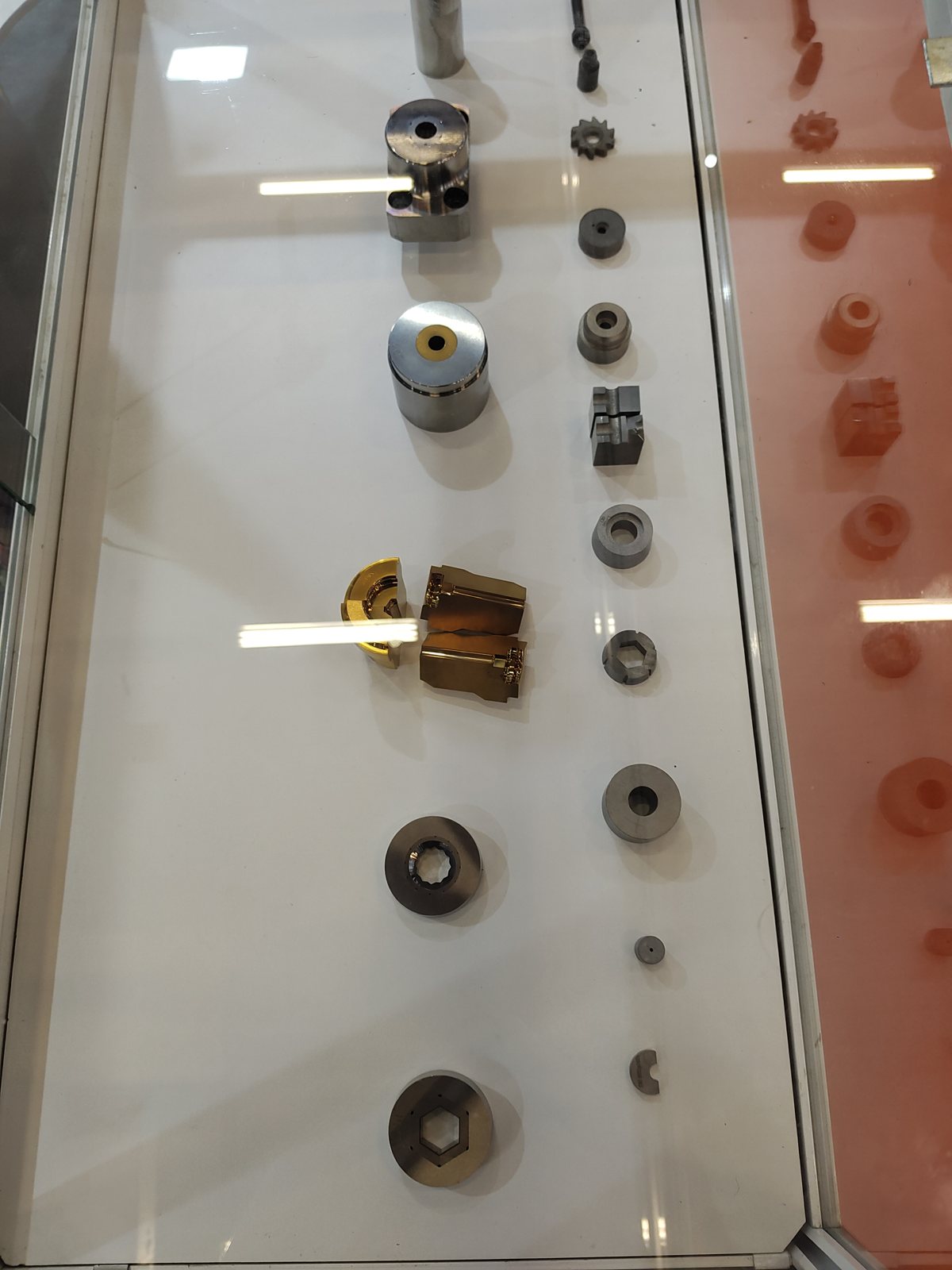 Close-up of die samples in the exhibition display case